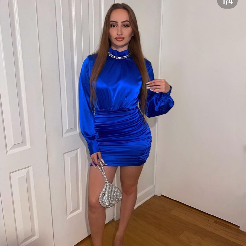 Satin blue long sleeve ruched mini dress high neck